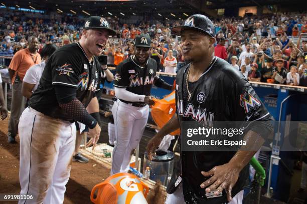 Edinson Volquez of the Miami Marlins reacts after getting water thrown at him after throwing a no hitter against the Arizona Diamondbacks throw at...