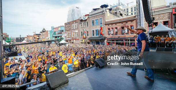 Country music artist Alan Jackson performs on Broadway prior to Game Three of the 2017 NHL Stanley Cup Final at Bridgestone Arena on June 3, 2017 in...