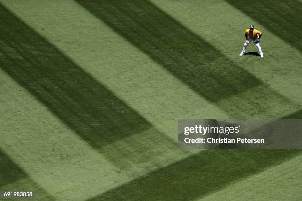 Outfielder Matt Joyce of the Oakland Athletics in action during the sixth inning of the MLB game against the Washington Nationals at Oakland Coliseum...