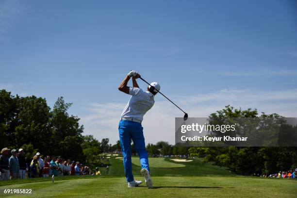 Rickie Fowler tees off on the 10th hole during the third round of the Memorial Tournament presented by Nationwide at Muirfield Village Golf Club on...