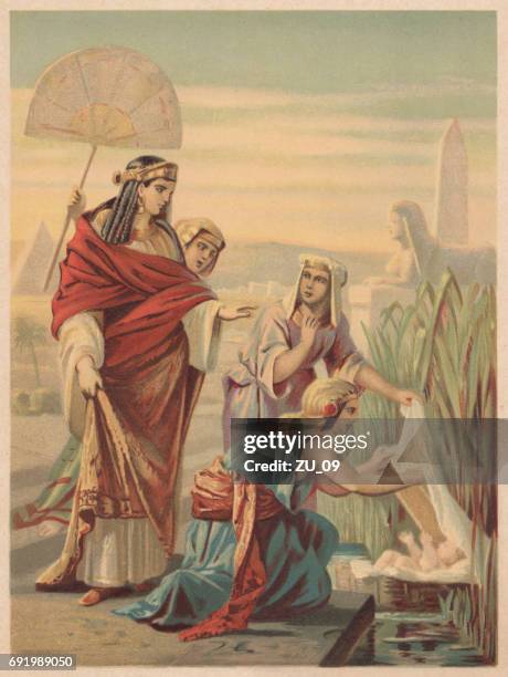 finding of moses (exodus 2), chromolithograph, published in 1886 - moses stock illustrations