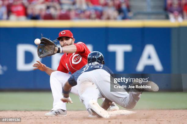 Jose Peraza of the Cincinnati Reds takes the throw at second base for a double play ahead of the diving Adonis Garcia of the Atlanta Braves in the...