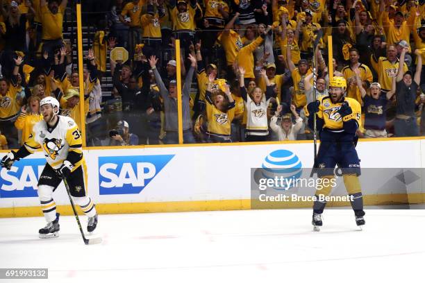 Roman Josi of the Nashville Predators celebrates after scoring a second period goal against Matt Murray of the Pittsburgh Penguins in Game Three of...