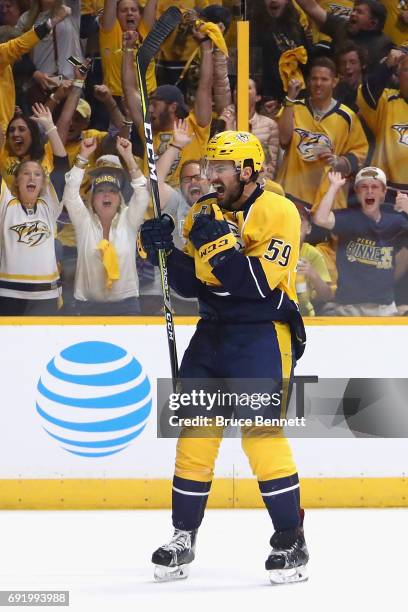 Roman Josi of the Nashville Predators celebrates after scoring a second period goal against Matt Murray of the Pittsburgh Penguins in Game Three of...