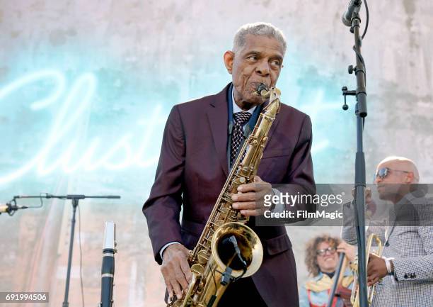 Musician Charlie Gabriel of the Preservation Hall Jazz Band performs onstage at the Piazza Del Cluster Stage during Colossal Clusterfest at Civic...