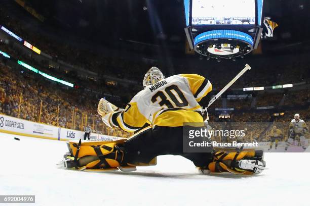 Matt Murray of the Pittsburgh Penguins tends goal during the first period against the Nashville Predators in Game Three of the 2017 NHL Stanley Cup...