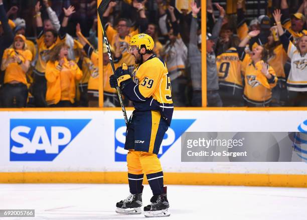 Roman Josi of the Nashville Predators celebrates his goal during the second period of Game Three of the 2017 NHL Stanley Cup Final against the...