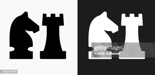 knight and castle icon on black and white vector backgrounds - chess piece vector stock illustrations