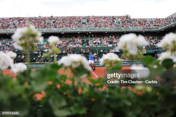 French Open Tennis Tournament - Day Six. Rafael Nadal of Spain in action against Nikoloz Basilashvili of Georgia on Philippe-Chatrier Court at the...