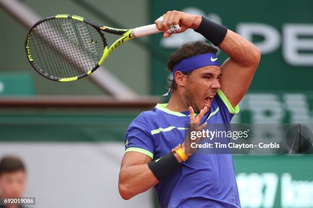 French Open Tennis Tournament - Day Six. Rafael Nadal of Spain in action against Nikoloz Basilashvili of Georgia on Philippe-Chatrier Court at the...