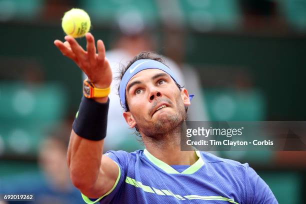 French Open Tennis Tournament - Day Six. Rafael Nadal of Spain in action against Nikoloz Basilashvili of Georgia on Philippe-Chatrier Court at the...