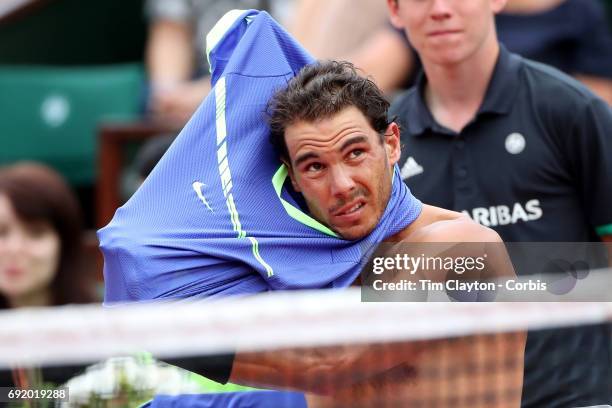 French Open Tennis Tournament - Day Six. Rafael Nadal of Spain in action against Nikoloz Basilashvili of Georgia on Philippe-Chatrier Court at the...