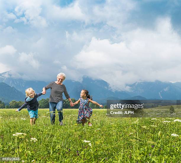 grandmother and grandchildren running in field holding hands, fuessen, bavaria, germany - schwaben stock-fotos und bilder