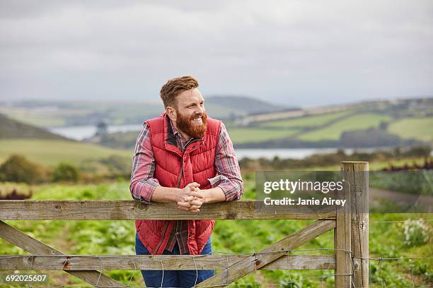 man on farm leaning against gate looking away - ärmellos stock-fotos und bilder