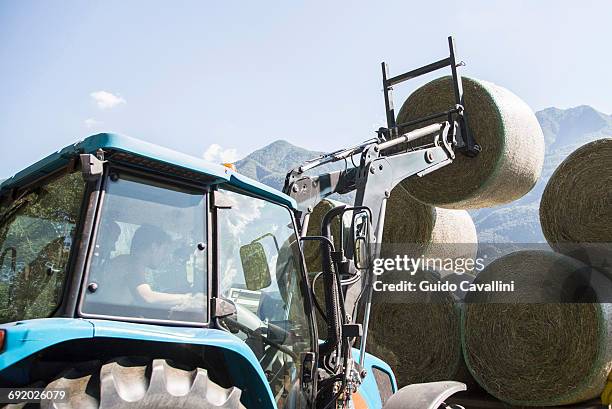 harvesting tractor stacking circular haystacks - paille photos et images de collection