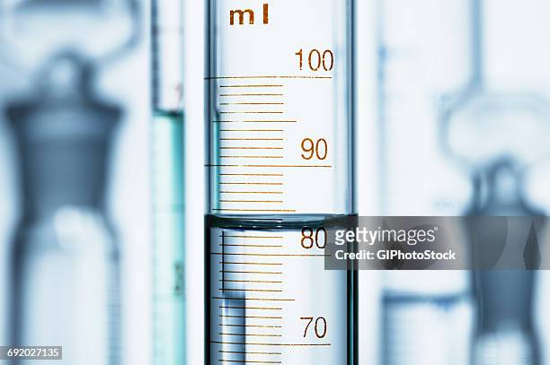 meniscus. curved surface (meniscus) of water in graduated cylinder. liquid volume measured by reading the scale at the bottom of the meniscus. the reading is 82.6 ml - mätglas bildbanksfoton och bilder