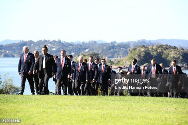 The Lions team walk up to the meeting house during the British & Irish Lions Maori Welcome at Waitangi Treaty Grounds on June 4, 2017 in Waitangi,...