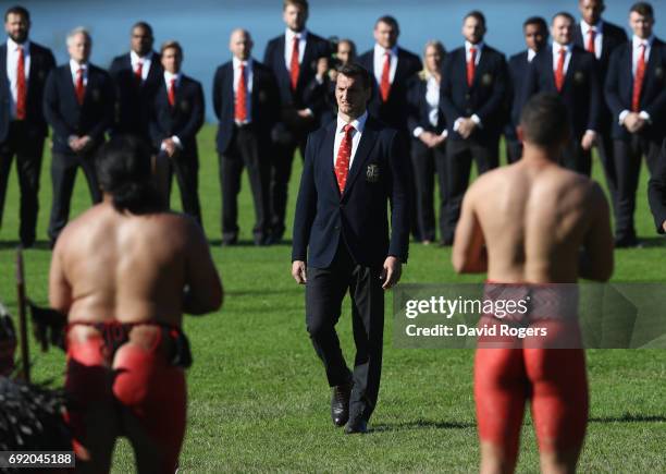 Sam Warburton, the Lions captain, faces the Maori warriors as he accepts the challenge during the British & Irish Lions Maori Welcome at Waitangi...