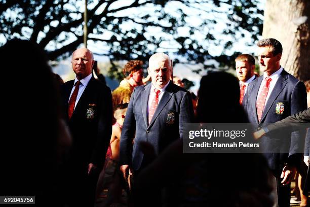 Head coach Warren Gatland of the Lions arrives at the meeting house during the British & Irish Lions Maori Welcome at Waitangi Treaty Grounds on June...