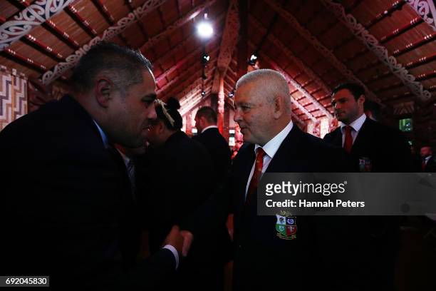 Head coach Warren Gatland of the Lions is welcomed in the meeting house during the British & Irish Lions Maori Welcome at Waitangi Treaty Grounds on...