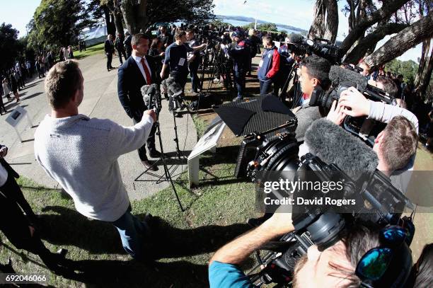 Sam Warburton, the Lions captain, faces the media during the British & Irish Lions Maori Welcome at Waitangi Treaty Grounds on June 4, 2017 in...