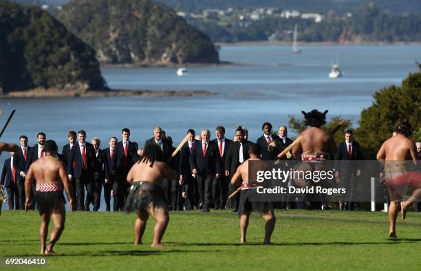 The Lions players and officals line up during the British & Irish Lions Maori Welcome at Waitangi Treaty Grounds on June 4, 2017 in Waitangi, New...