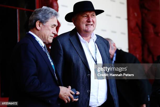 First Party leader Winston Peters meets former MP Shane Jones outside the meeting house during the British & Irish Lions Maori Welcome at Waitangi...