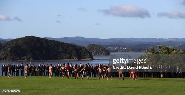 The Lions players and officals line up during the British & Irish Lions Maori Welcome at Waitangi Treaty Grounds on June 4, 2017 in Waitangi, New...