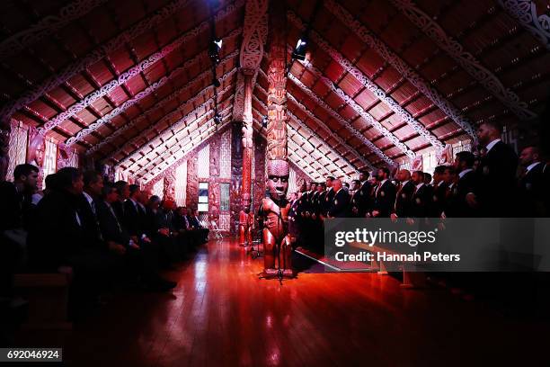 The Lions team sing in the meeting house during the British & Irish Lions Maori Welcome at Waitangi Treaty Grounds on June 4, 2017 in Waitangi, New...