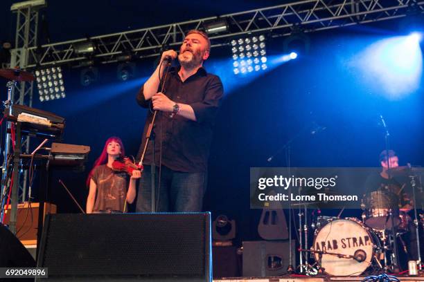 Aidan Moffat of Arab Strap performs at The Crack Stage on Day 1 of Field Day Festival at Victoria Park on June 3, 2017 in London, England.