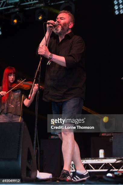 Aidan Moffat of Arab Strap performs at The Crack Stage on Day 1 of Field Day Festival at Victoria Park on June 3, 2017 in London, England.