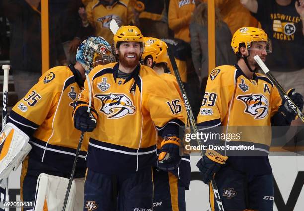 James Neal of the Nashville Predators celebrates after his team defeated the Pittsburgh Penguins 5-1 in Game Three of the 2017 NHL Stanley Cup Final...