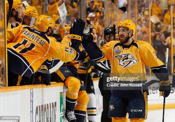 Parenteau congratulates Frederick Gaudreau of the Nashville Predators on his goal against the Pittsburgh Penguins during Game Three of the 2017 NHL...