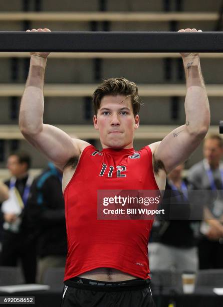 Nolan Patrick performs Pull-Ups during the NHL Combine at HarborCenter on June 3, 2017 in Buffalo, New York.