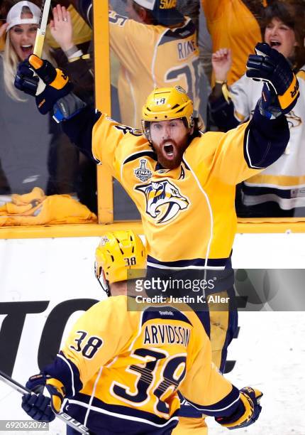 James Neal of the Nashville Predators celebrates after scoring a second period goal against Matt Murray of the Pittsburgh Penguins in Game Three of...