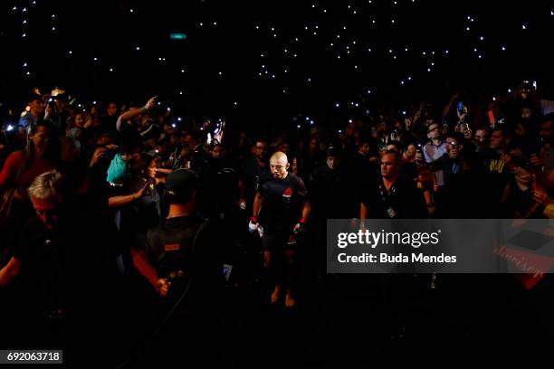 Jose Aldo of Brazil prepares to enter the Octagon prior to his UFC featherweight championship bout during the UFC 212 event at Jeunesse Arena on June...