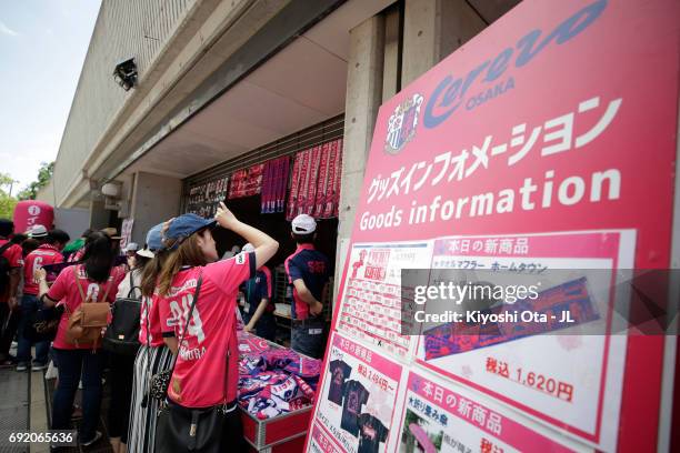 Cerezo Osaka supporters check an official marchandise stalls prior to the J.League J1 match between Cerezo Osaka and Albirex Niigata at Kincho...