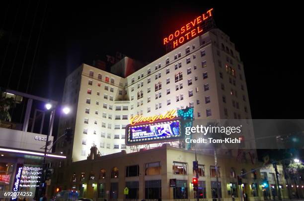 hollywood／roosevelt hotel - hollywood at night stock pictures, royalty-free photos & images