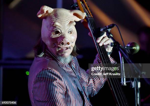 Musician Les Claypool performs onstage at the Piazza Del Cluster Stage during Colossal Clusterfest at Civic Center Plaza and The Bill Graham Civic...