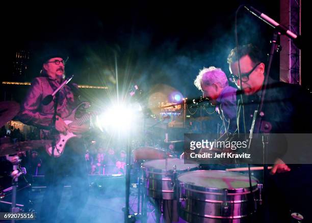 Musicians Les Claypool, Mike Dillon and comedian Fred Armisen perform onstage at the Piazza Del Cluster Stage during Colossal Clusterfest at Civic...