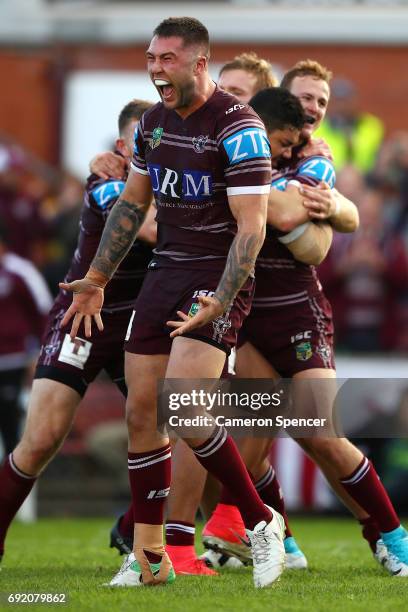 Curtis Sironen of the Sea Eagles celebrates winning the round 13 NRL match between the Manly Sea Eagles and the Canberra Raiders at Lottoland on June...