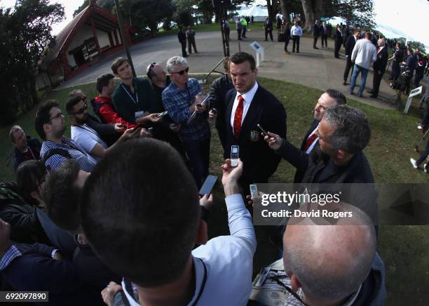 Sam Warburton, the Lions captain, talks to the media during the British & Irish Lions Maori Welcome at Waitangi Treaty Grounds on June 4, 2017 in...