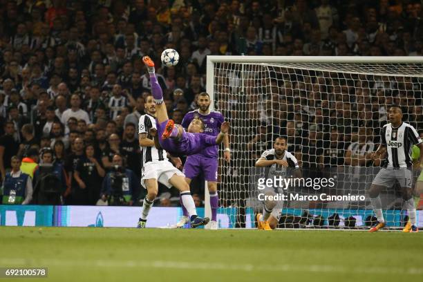 Cristiano Ronaldo of Real Madrid attempts an overhead kick during the UEFA Champions League Final between Juventus and Real Madrid. Real Madrid beat...