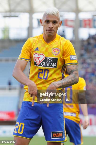 Crislan of Vegalta Sendai celebrates scoring his side's second goal during the J.League J1 match between Vegalta Sendai and Ventforet Kofu at Yurtec...