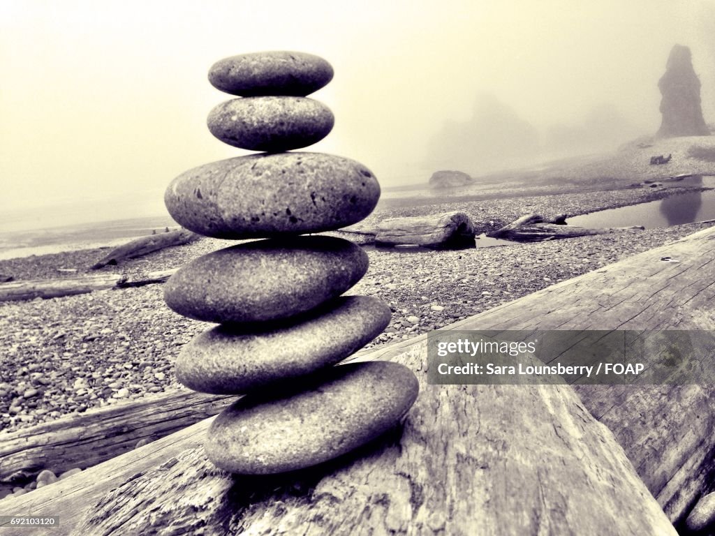 View of cairn on rock stacking