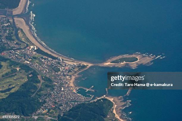 aoshima island, resort beach in miyazaki prefecture daytime aerial view from airplane - miyazaki prefecture stock pictures, royalty-free photos & images