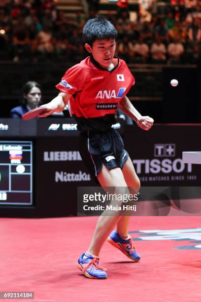 Tomokazu Harimoto in action during Men's Singles eight-finals at Table Tennis World Championship at Messe Duesseldorf on June 3, 2017 in Dusseldorf,...