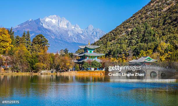 lijiang old town scene at black dragon pool park - linghe zhao stock pictures, royalty-free photos & images