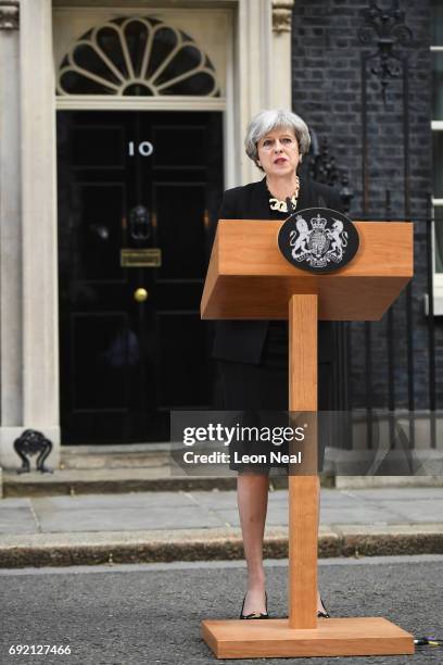 Britain's Prime Minister Theresa May addresses the media as she makes a statement, following a COBRA meeting in response to last night's London...