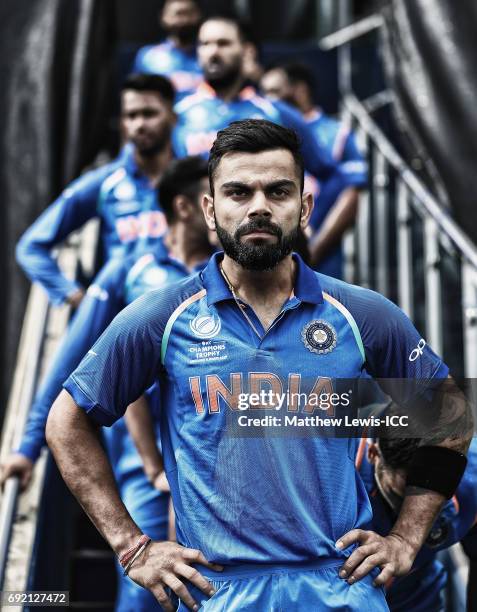 Virat Kohli, captain of India waits to lead his team out against Pakistan ahead of the ICC CHampions Trophy match between India and Pakistan at...